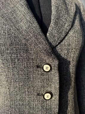 Chanel buttons on Tailored Gray Tweed Women's Blazer Jacket